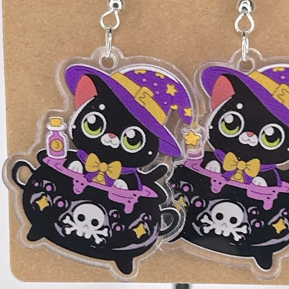 Witch Cat In A Cauldron Halloween Earrings 2D Acrylic Cartoon Fashion Jewelry